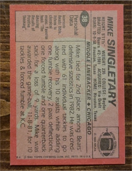 1983 Topps #38 Mike Singletary — front