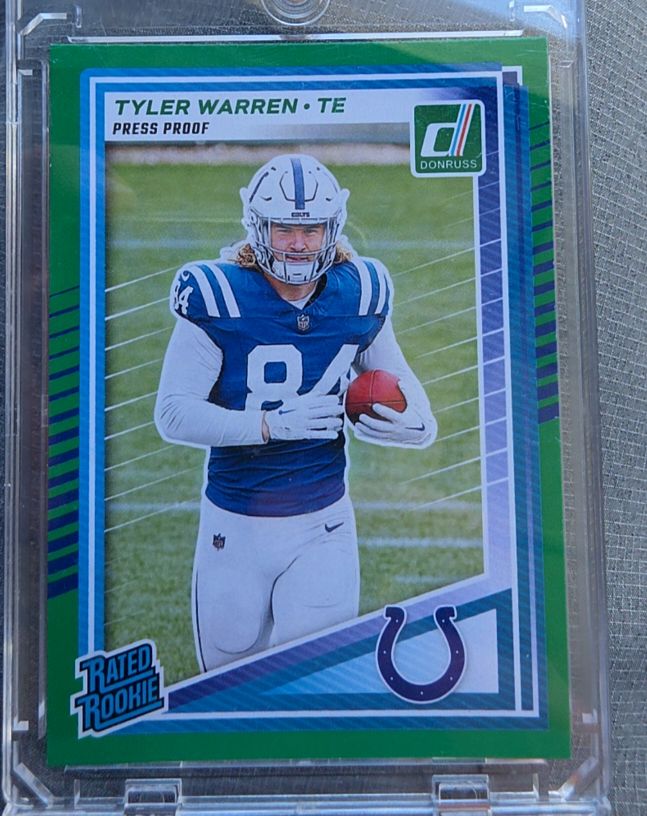 2025 Panini Donruss #337 Tyler Warren Rated Rookie Press Proof Green — front
