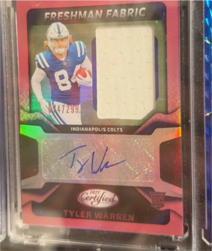 2025 Panini Certified #FBC-TWN Tyler Warren Freshman Fabric Rookie Patch Auto — front
