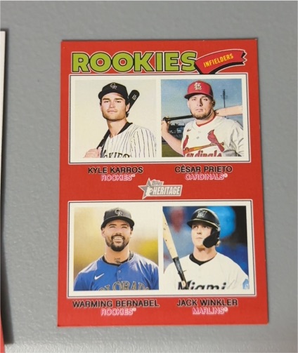 2026 Topps Heritage #394 Rookie Infielders Kyle Karros César Prieto Warming Bernabel Jack Winkler — front