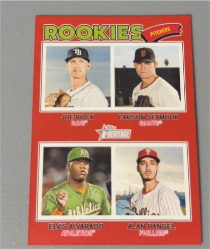 2026 Topps Heritage #389 Rookies Pitchers Joe Rock, Carson Seymour, Elvis Alvarado, Alan Rangel — front