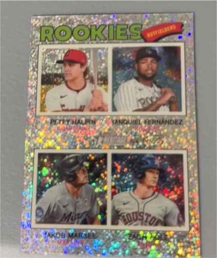 2026 Topps Heritage #392 Rookie Outfielders Petey Halpin/Yanquiel Fernandez/Jakob Marsee/Zach Cole — front