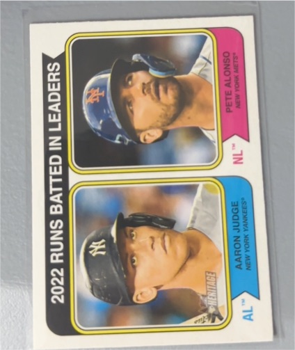 2023 Topps Heritage #203 Aaron Judge / Pete Alonso 2022 Runs Batted In Leaders — front