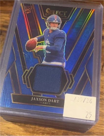 2025 Panini Select #RSW-JDT Jaxson Dart Rookie Swatches Blue Prizm — front
