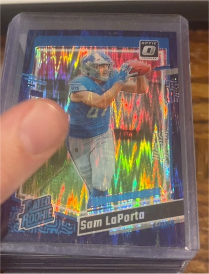 2023 Panini Donruss Optic #237 Sam LaPorta Rated Rookie Purple Shock Prizm — front