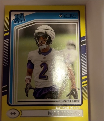 2024 Donruss #391 Nate Wiggins Press Proof Yellow Rated Rookie Baltimore Ravens — front