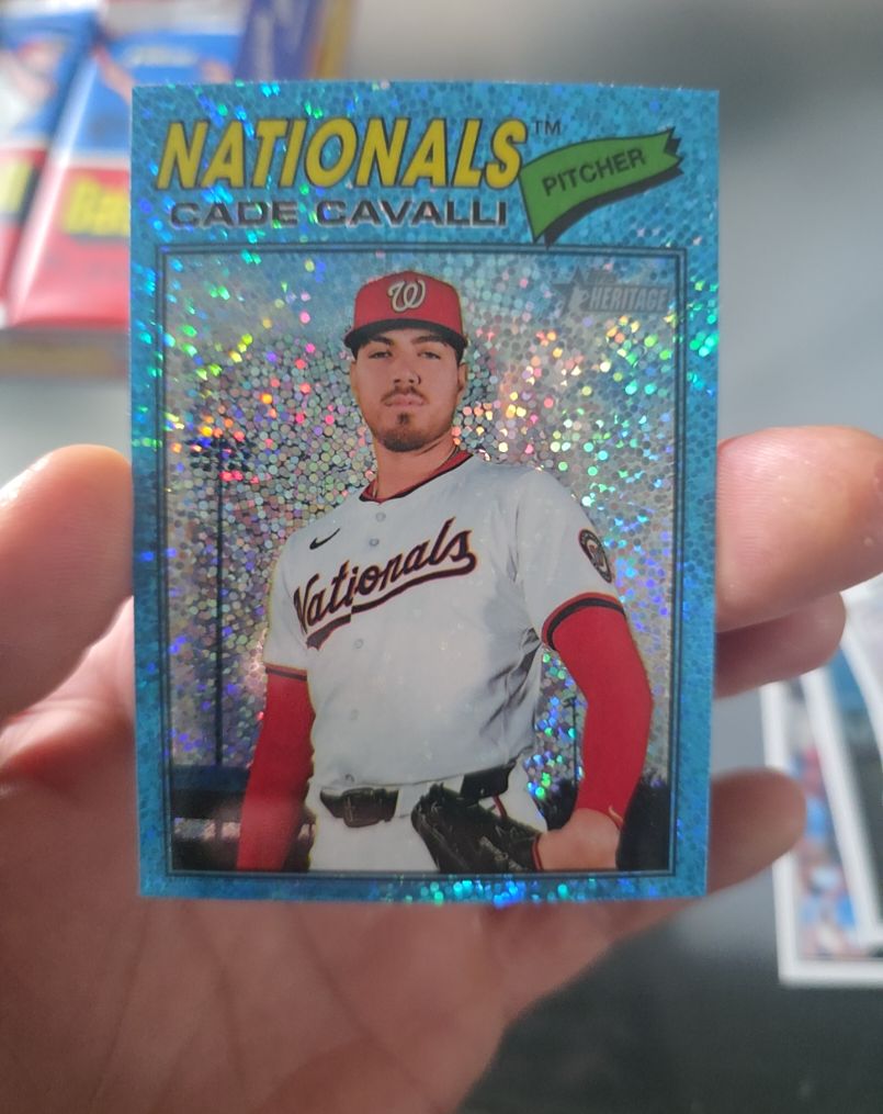 2026 Topps Heritage #68 Cade Cavalli Chrome Light Blue Sparkle — front