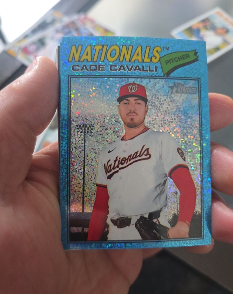 2026 Topps Heritage #68 Cade Cavalli Chrome Light Blue Sparkle — front