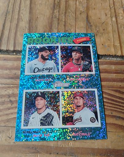 2026 Topps Heritage #378 Rookie Pitchers Blue Sparkle Jacob Palisch Ivan Burgos Wikelman Gonzalez Randy Lara — front