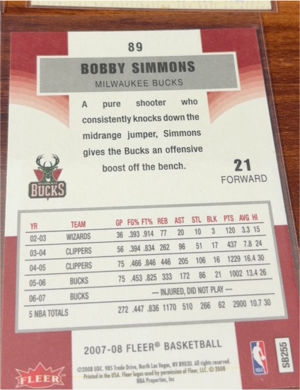 2007-08 Fleer #89 Bobby Simmons Milwaukee Bucks — front