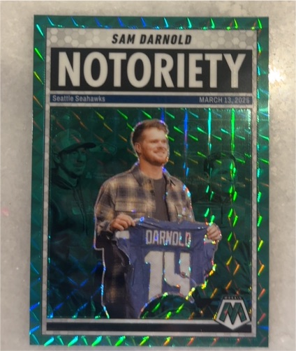 2025 Panini Mosaic #9 Sam Darnold Notoriety Green Mosaic Prizm — front
