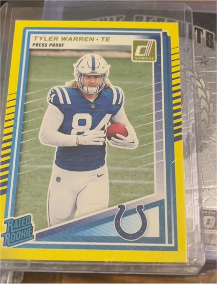 2025 Panini Donruss #337 Tyler Warren Rated Rookie Press Proof Yellow — front