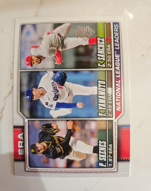 2026 Topps Series 1 National League ERA Leaders #203 Paul Skenes, Yoshinobu Yamamoto, Cristopher Sanchez — front
