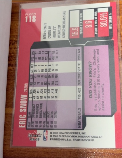 2002 Fleer #118 Eric Snow — front