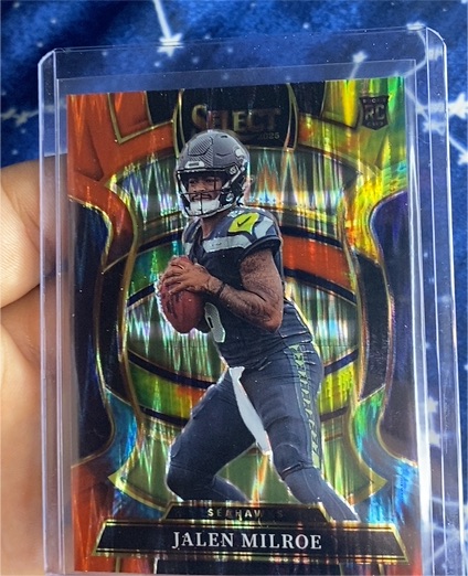 2025 Panini Select #14 Jalen Milroe Concourse Black and Orange Shock Prizm Rookie — front
