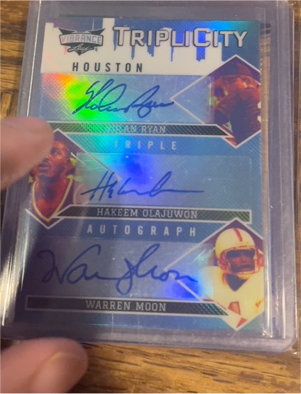 2022 Leaf Vibrance TripliCity Houston Nolan Ryan / Hakeem Olajuwon / Warren Moon Autograph — front