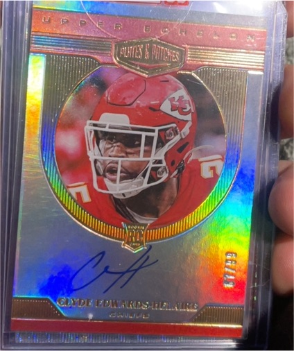 2020 Panini Plates & Patches Upper Echelon #d /99 Clyde Edwards-Helaire Rookie Auto — front