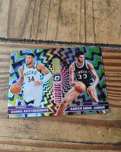 2024 Panini Donruss Optic Optical Illusions #4 Giannis Antetokounmpo & Kareem Abdul-Jabbar — front