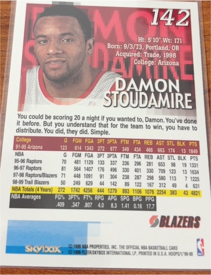 1999-00 Skybox NBA Hoops #142 Damon Stoudamire — front