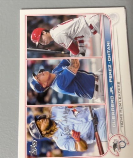 2022 Topps Series 1 #48 Home Run Leaders Vladimir Guerrero Jr., Salvador Perez, Shohei Ohtani — front