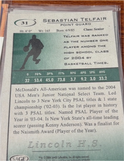 2004 SAGE Hit #31 Sebastian Telfair — front