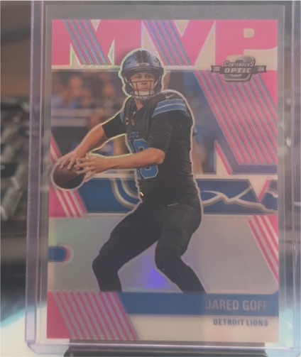2024 Panini Contenders Optic #MVP-JGF Jared Goff MVP Pink Prizm — front
