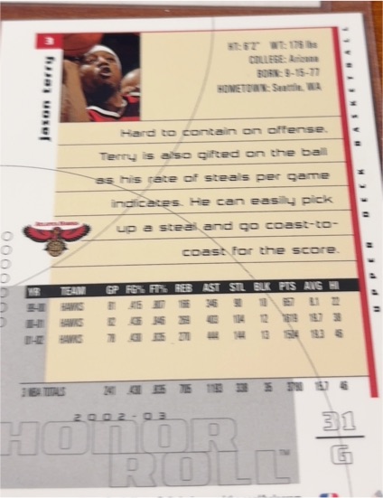2001-02 Upper Deck Honor Roll #3 Jason Terry — front