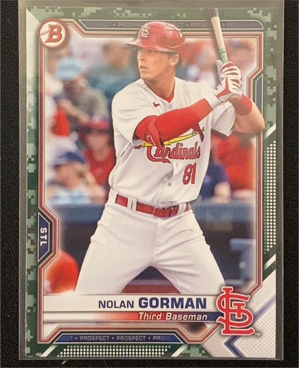 2021 Bowman Prospects Camo #BP-90 Nolan Gorman — front