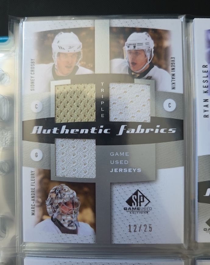 2010-11 SP Game Used Authentic Fabrics Triple #AF3 Sidney Crosby / Evgeni Malkin / Marc-Andre Fleury — front