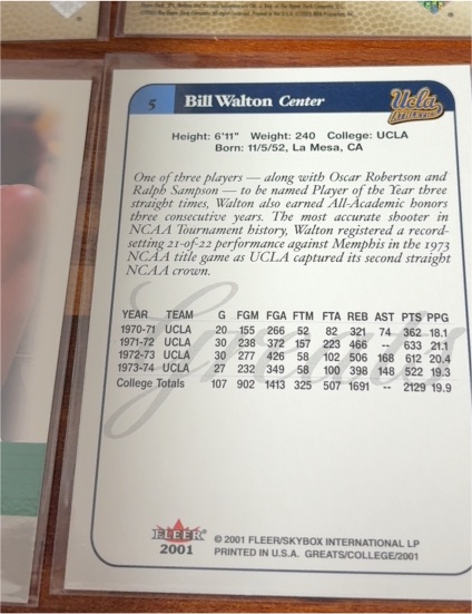 2001 Fleer Greats of the Game #5 Bill Walton — front