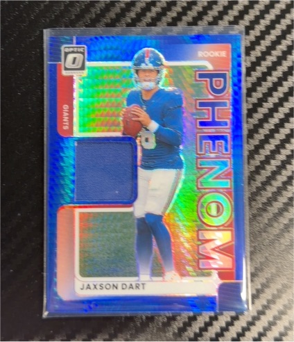 2025 Donruss Optic #RPBH-JCW Jaxson Dart Rookie Phenom Patch Blue Hyper Prizm — front