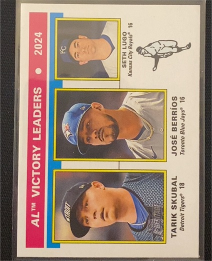 2025 Topps Heritage #200 AL Victory Leaders José Berríos, Tarik Skubal, Seth Lugo — front
