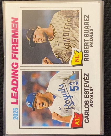 2026 Topps Heritage #8 2025 Leading Firemen (Carlos Estevez / Robert Suarez) — front