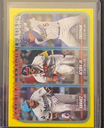 2024 Topps Series 1 #206 National League Batting Average Leaders Yellow Parallel Freddie Freeman / Ronald Acuna Jr. / Luis Arraez — front