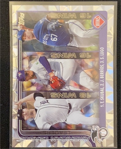 2025 Topps Series 1 #151 American League Leaders Wins Tarik Skubal / José Berríos / Seth Lugo — front