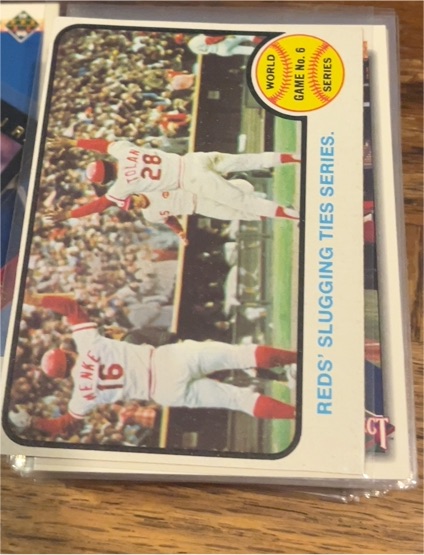 1973 Topps #208 World Series Game No. 6: Reds' Slugging Ties Series — front