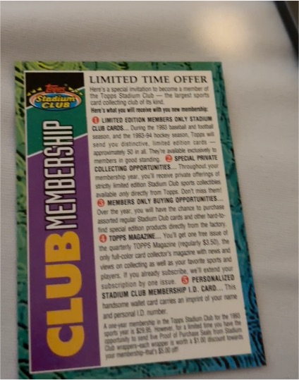 1992 Topps Stadium Club #NNO Club Membership Card — front