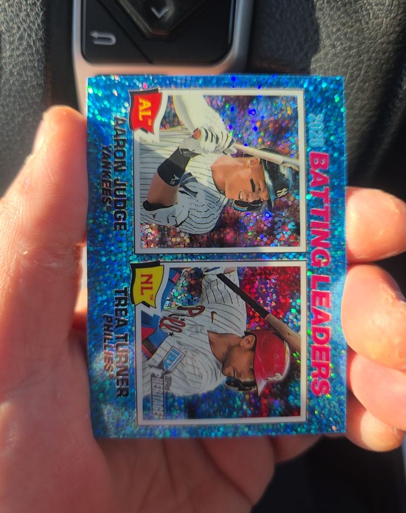 2026 Topps Heritage #1 Aaron Judge / Trea Turner Batting Leaders Light Blue Sparkle — front