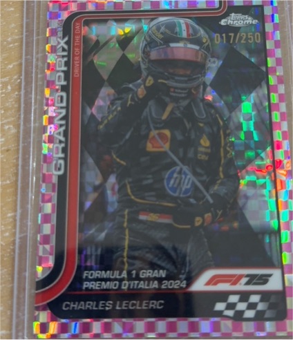 2024 Topps Chrome Formula 1 Charles Leclerc Grand Prix D'Italia Driver of the Day Pink Checker Flag #017/250 — front