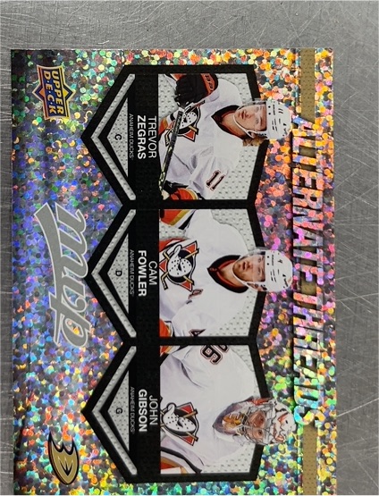 2023-24 Upper Deck MVP Alternate Threads #AT-5 Trevor Zegras / Cam Fowler / John Gibson — front