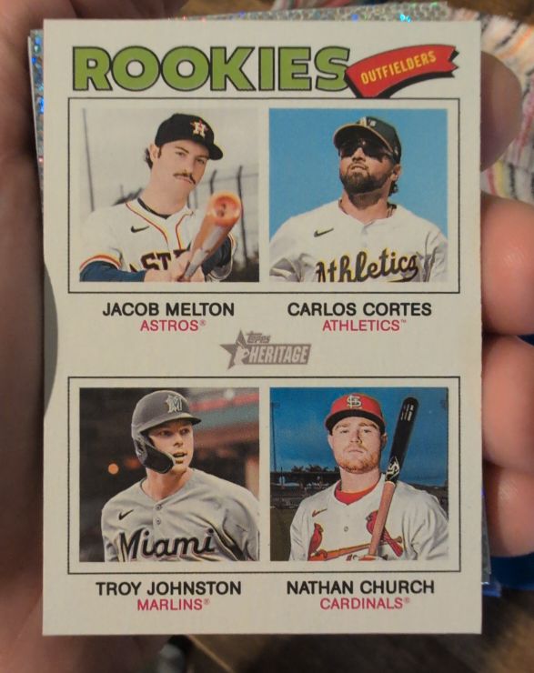 2026 Topps Heritage #373 Rookies Outfielders Jacob Melton Carlos Cortes Troy Johnston Nathan Church — front