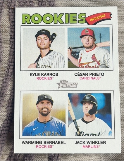 2026 Topps Heritage #394 Rookie Infielders Kyle Karros / César Prieto / Warming Bernabel / Jack Winkler — front