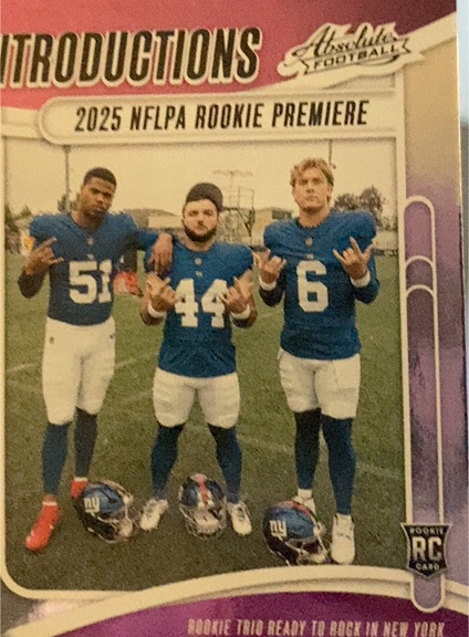 2025 Panini Absolute Introductions #I-CSO Jaxson Dart, Cam Skattebo, Abdul Carter Rookie Trio — front