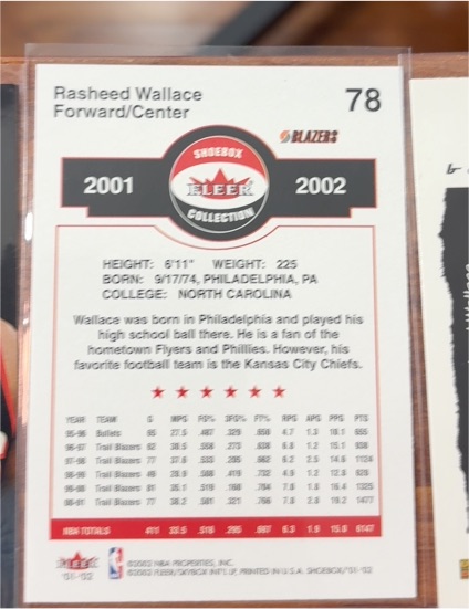 2001 Fleer Shoebox Collection #78 Rasheed Wallace — front