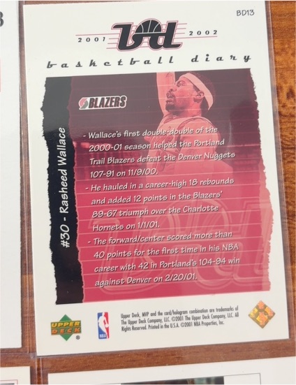 2001-02 Upper Deck Basketball Diary #BD13 Rasheed Wallace — front