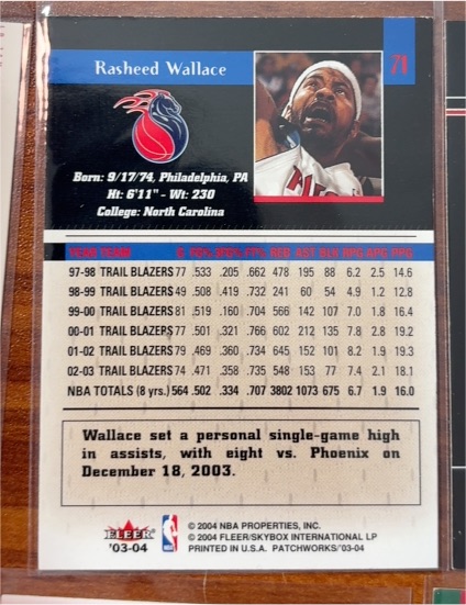 2003-04 Fleer Patchworks #71 Rasheed Wallace — front