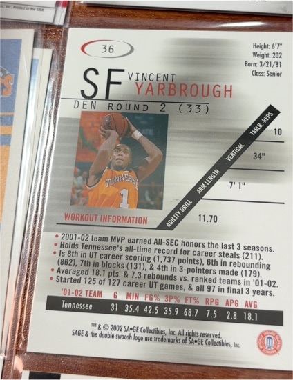 2002 Sage #36 Vincent Yarbrough Tennessee Volunteers — front