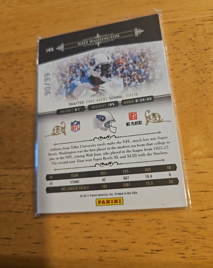 2011 Panini National Treasures #145 Nate Washington — front
