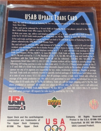 1996 Upper Deck USA #NNO USAB Update Trade Card — front