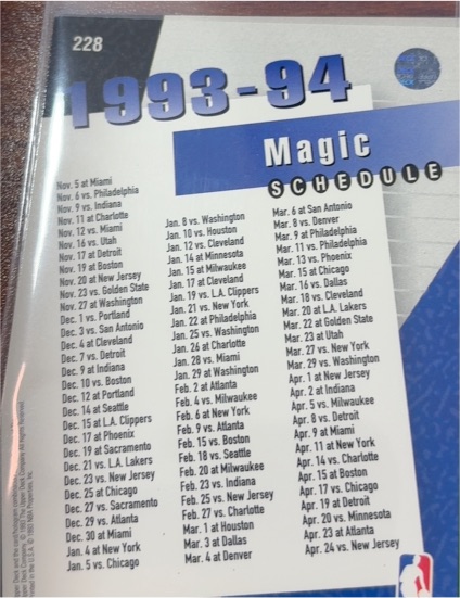 1993-94 Upper Deck #228 Shaquille O'Neal Orlando Magic Schedule — front